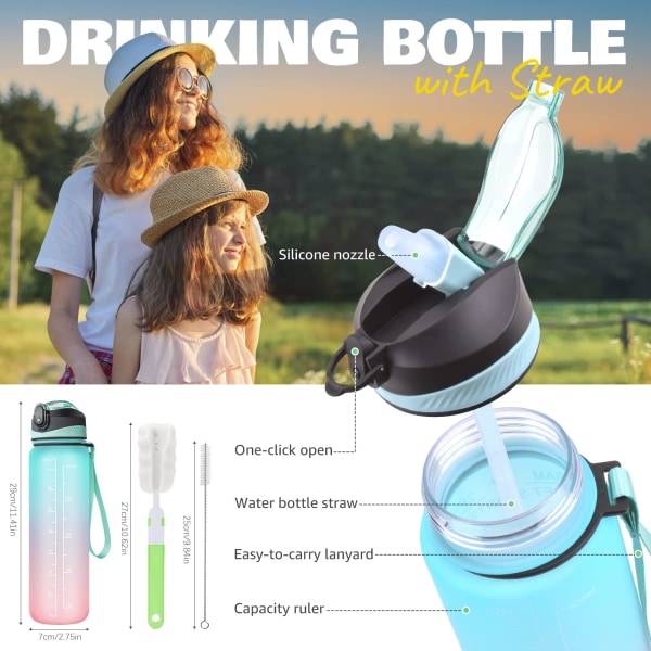 Liter sportsflaske, vandflaske med sugerør, med markør tracker, vandflaske åben med ét klik, velegnet til fitnesscenter, yoga, camping