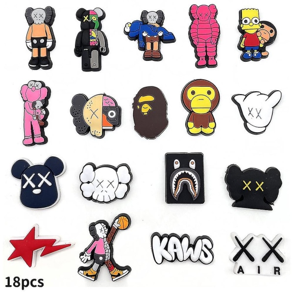 18 kpl Kaws Shoe Charms Kengän koristelu Croc Clog Sandaalit Tee itse rannekoru Ranneke Tarvikkeet Lapsille Pojat Tytöt Miehet Naiset Syntymäpäivälahjat