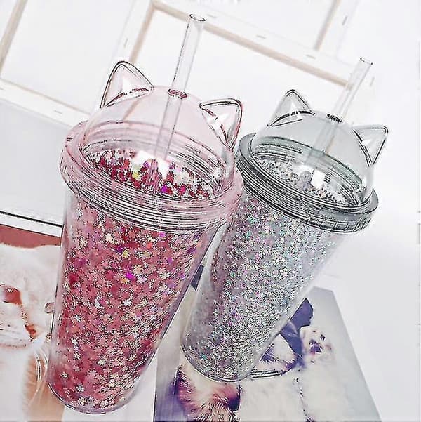 500 ml återanvändbar mugg med lock och sugrör, dubbelvägg, rosa