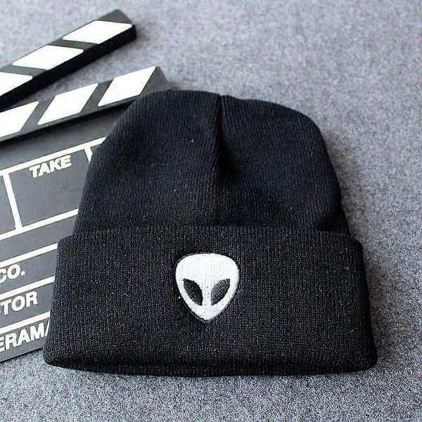 Ny Alien Skull Brodert Strikket Ullhatt for Menn og Kvinner, Høst/Vinter Rullet Kant Varm Lue Black