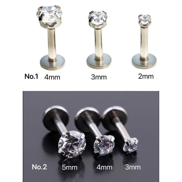 3 stk Labret med stein, Kirurgisk stål. Nr 2, lengde: 6 mm