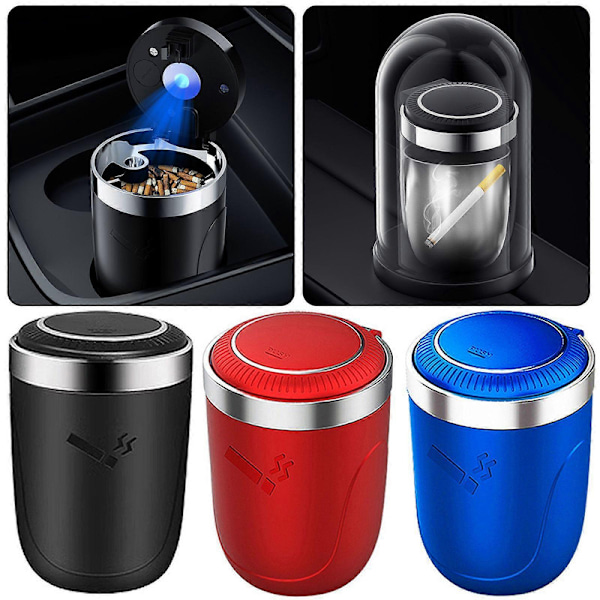 Bilaskkopp med Lock & Blått LED-ljus, Portabel Rökfri Rostfri Papperskorg, Biltillbehör, Passar De Flesta Bilmugghållare with Vent Holder with Vent Holder Black