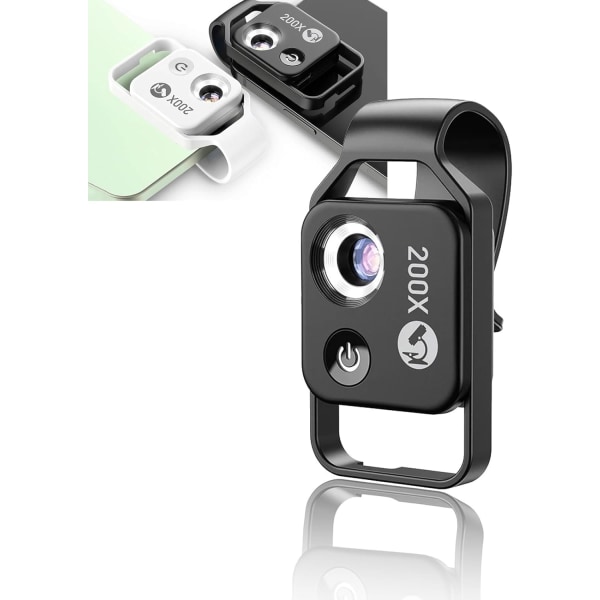 200X-puhelimen minitaskumikroskooppi, kannettavat digitaalimikroskoopin kameran lisälaitteet, CPL-objektiivin LED-valolla, Universal Clip Design (musta)
