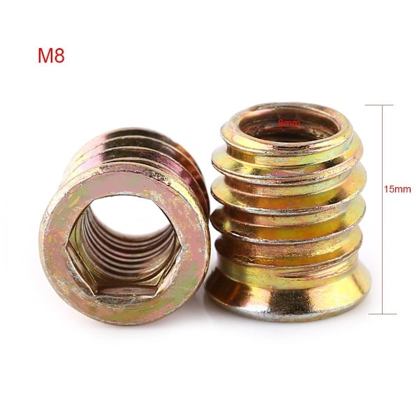 M8 x 15mm Trägänginsats, M8 Träinsats, Hexagonal gängad mutter av zinklegering, Huvudmutter för trämöbler (100 st) M8×15