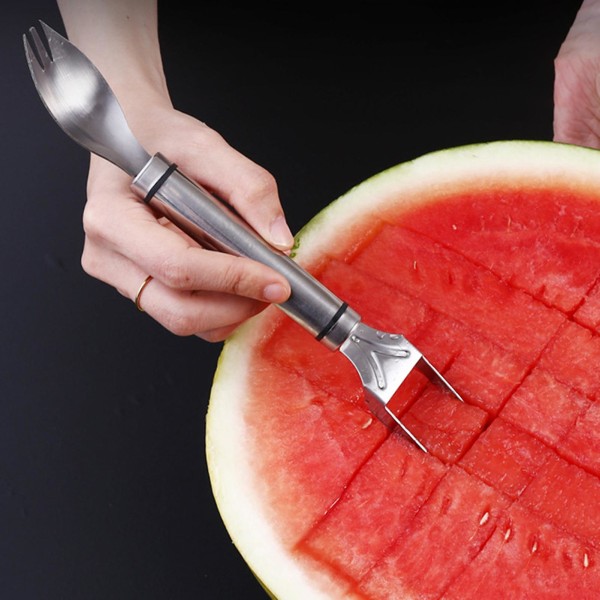 Vattenmelon Slicer Lätt att använda Lätt arbetsbesparande multifunktionell Säker skärning Rostfritt stål 2-i-1 Fruktsallad Gaffelskärare Köksprylar