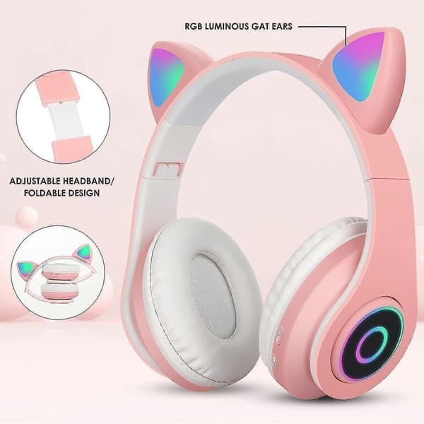 (pink) Trådløst Bluetooth-headset Børneheadset Sammenfoldeligt Katteheadset Med Stereomikrofon Børne-Bluetooth-headset Til Pc-telefoner.