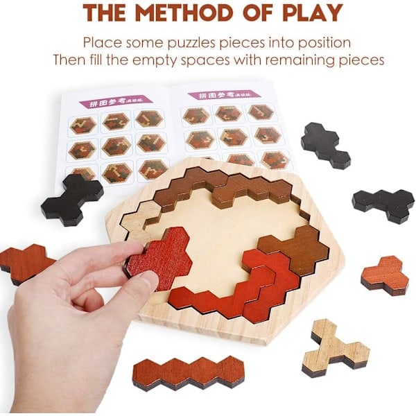 Trähexagonpussel för barn och vuxna, färgglada formpussel Tangram Brain Teaser Leksak Geometri Logik IQ Spel Gåva för barn i alla åldrar