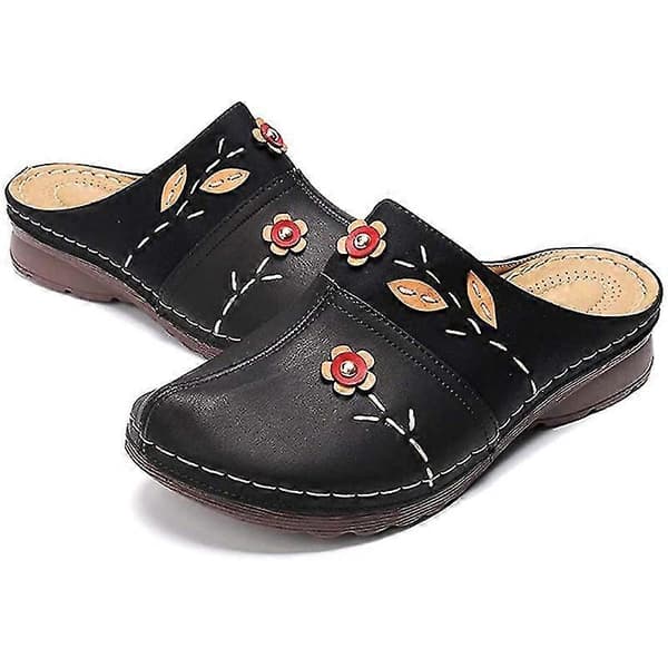 Damesko Sandaler Damer Komfortable Sandaler med Lukket Tå Kilehæl Plattformsko Blomstertøffel Black 42