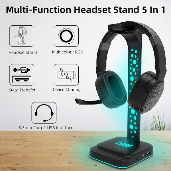RGB-hörlursstativ för spelheadset med 2 USB-laddare och 3,5 mm-port