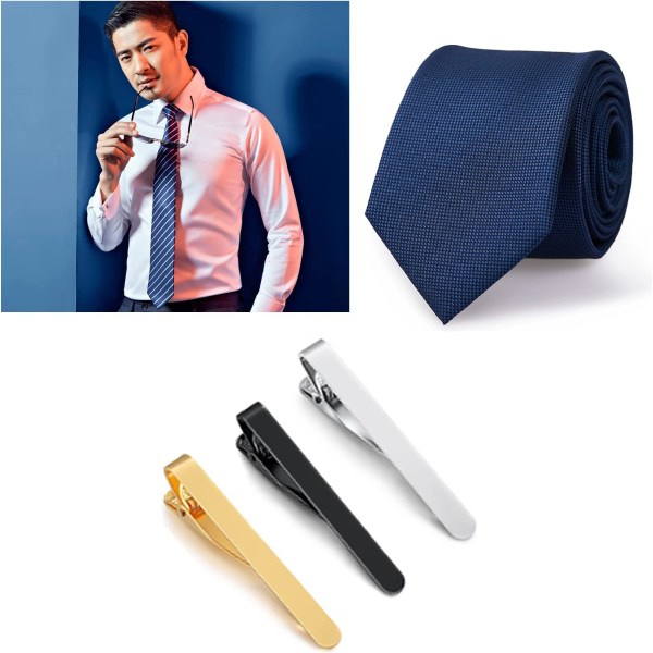 3-delad slipsklämma för män, slipsklämma i koppar, tunt slipsklämma, slipsnål för män, klassiska slipsklämmor, för företag, bröllop, vardag (guld, silver, svart)
