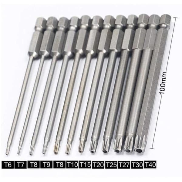 11-delars Lång Torx Skruvmejselbits Set - Magnetiska Bits - 1/4\" Hex Skaft - Storlekar T6 till T40 - 100mm Längd