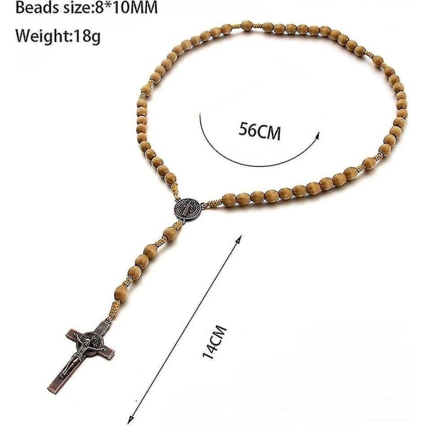 Katolskt kors Rosenkranshalsband, bönpärlor av naturligt trä med medaljkors (ljusbrunt)/åå fe Light Brown