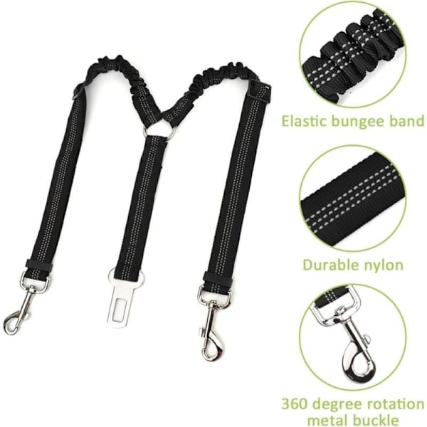 Dubbelt säkerhetsbälte för husdjur, justerbart med elastisk bungee