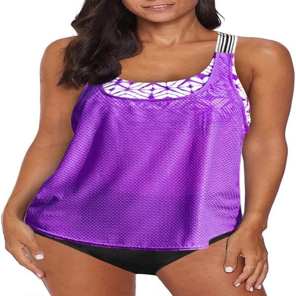 Damebluse stripete trykt todelt Tankini Strappy T-Back