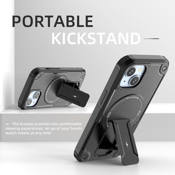 Magnetic iPhone Case with Stand, MagSafe Compatible, Robust Built-in Stand, Military-Grade Drop Protection Shockproof for iPhone Black Black iPhone 15