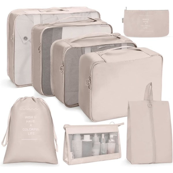 Reisearrangør, sett med 8 bagasjeoppbevaring for reiser, kuber i forskjellige størrelser Vanntett reisevesker (beige)