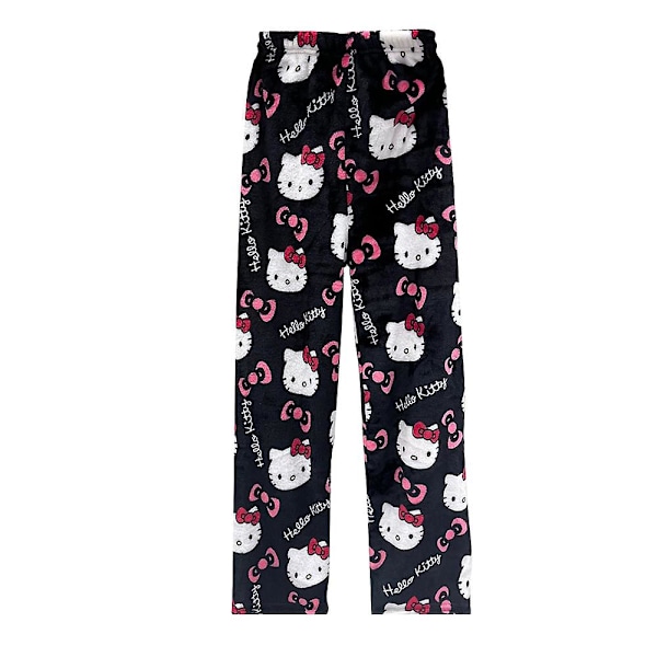 Kawaii Pyjamas för Kvinnor och Flickor med Cartoon Hello Kitty All Over Print Flanell Jul Anime Mjuka Sovpjamasbyxor Pink Black M