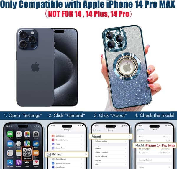 iPhone 14 Pro Max Magnetisk Deksel Kompatibelt med MagSafe, Full Beskyttelse Slankt Støtsikkert Ripebestandig Glitterdeksel m