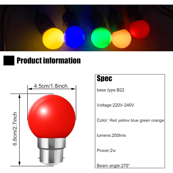 Set 20 värillistä LED-lamppua b22 bajonettipolttimot 2w punainen, keltainen, oranssi, vihreä, sininen, särkymätön (vastaavuus 20W)
