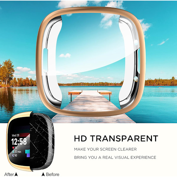 Diruite 4-pack kotelo Fitbit Versa 4/Sense 2 näytönsuojalle, HD iskunkestävä pehmeä TPU täysi suoja näytönsuojakotelo Fitbit V:lle Black+Silver+Rose Gold+Clear