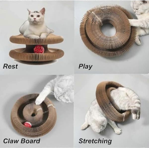 Kitty Fun Trekkspill-klorestativ i papp for katt, interaktivt klorebrett med ball for klosliping, lek og hvile