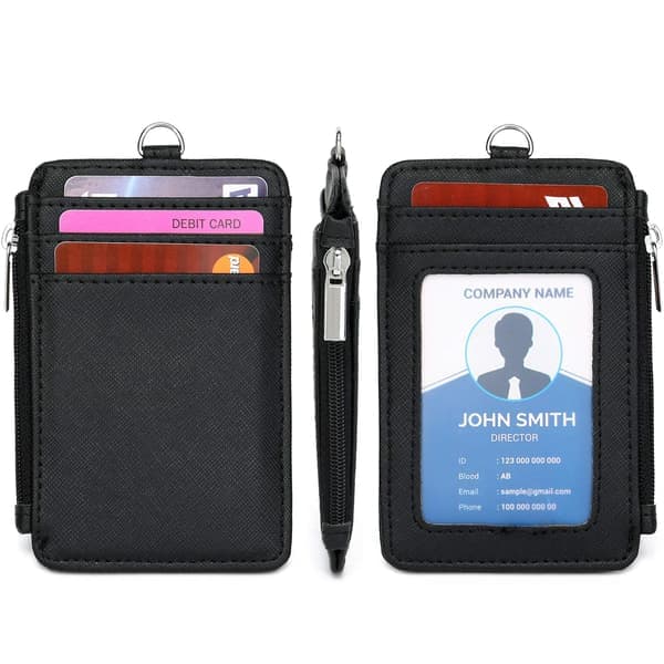 1 Black Faux Leather Lanyard ID Card Holder