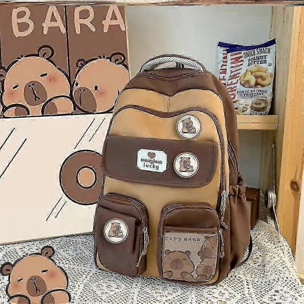 Skoltaske Brun 2024 Capybara Ridge Stor Kapacitet Rygsæk Til Drenge Og Piger, Badgekort White Backpack