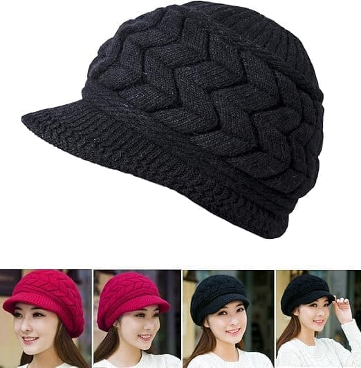 Slits 2-pack A-svart och vinröd dam vinter varm stickad mössa slouchy mössa med skärm