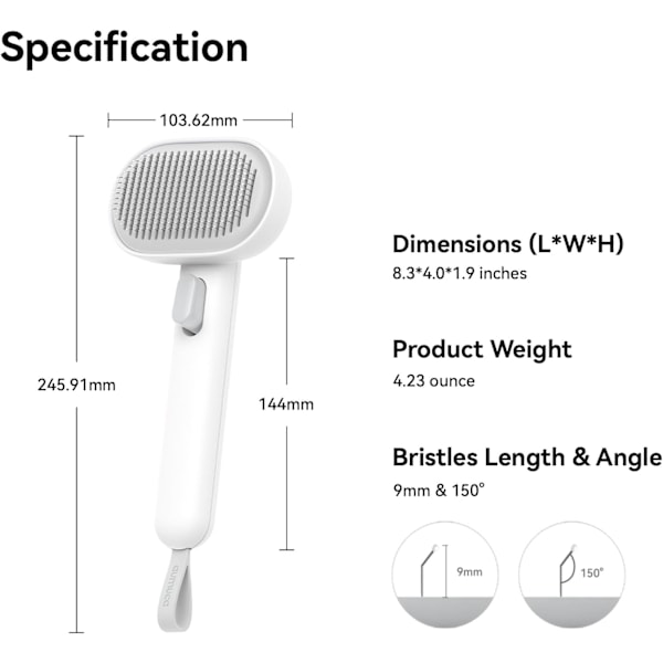 Kattebørste med utløserknapp, pleiebørste for innekatter, langhårede eller korthårede katter, fjerner løst pels fra katter, kattunger og kaniner White