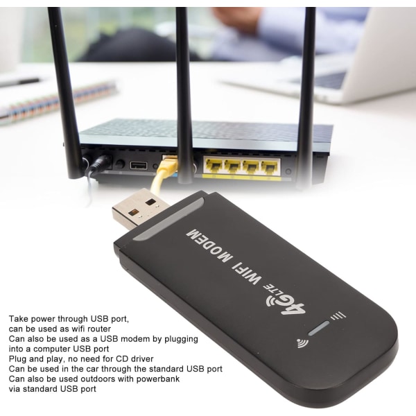 4G LTE USB WiFi Router, Bærbar WiFi Router Pocket Mobile Hotspot, Smart USB Modem Trådløs netværksrouter med SIM-kortplads 150 Mbps 10