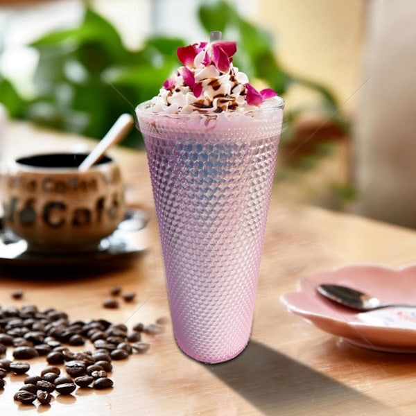 Dobbeltveggede plastkopper med nagler, lokk og sugerør, BPA-frie, 710 ml, rosa