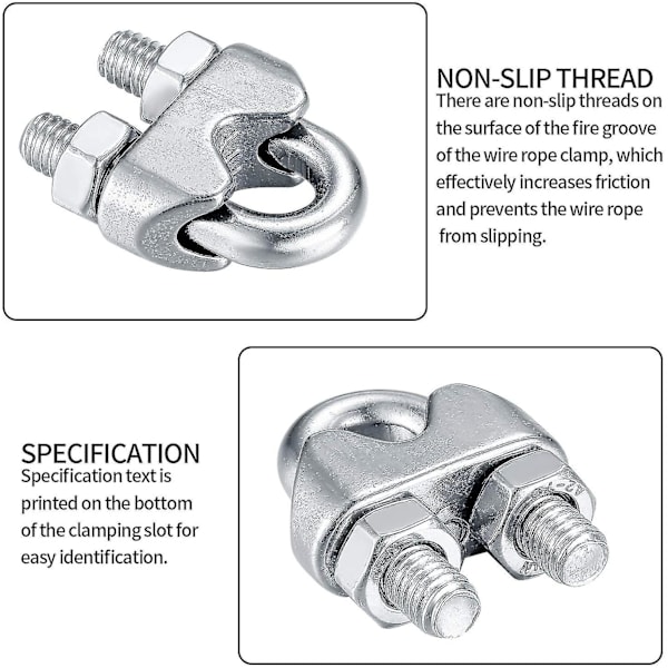 12 stk. Wire Rope Clips Clamps, U Bolt Saddle Fastener, U-formede klemmer, rustfrit stål