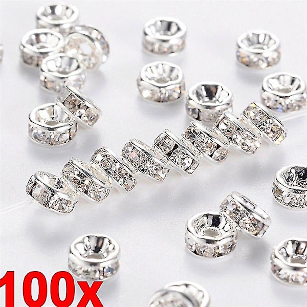 100 stk. Sølv Guld Krystal Rhinestone Rondelle Spacer Perler Diy 6mm 8mm Ny Silver 8mm