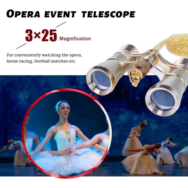 3 x 25 klassiske sammenleggbare operabriller Kikkerter Metallkropp med kjede Optisk linse Teater Teleskop Retro Design Dame Jenter Gaver (Gylden)