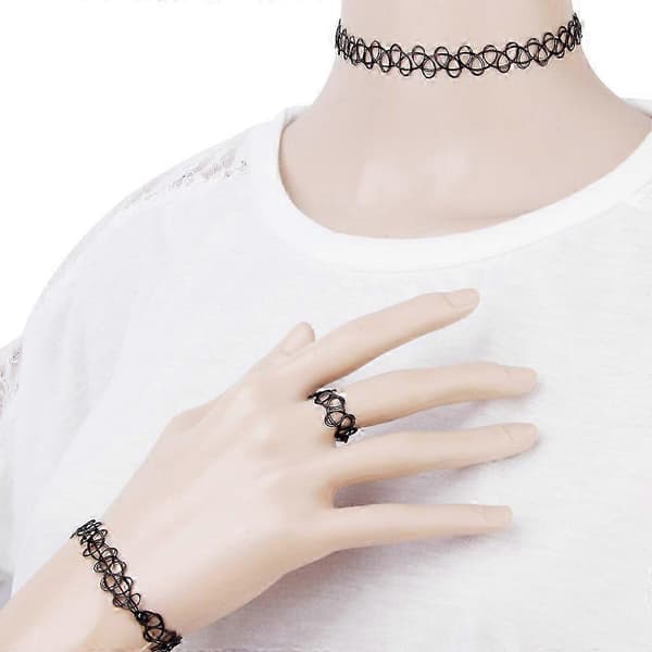 Vintage Boho Tattoo Choker Elastisk Stræk Halskæde Ring Armbånd Sæt Retro Henna nero