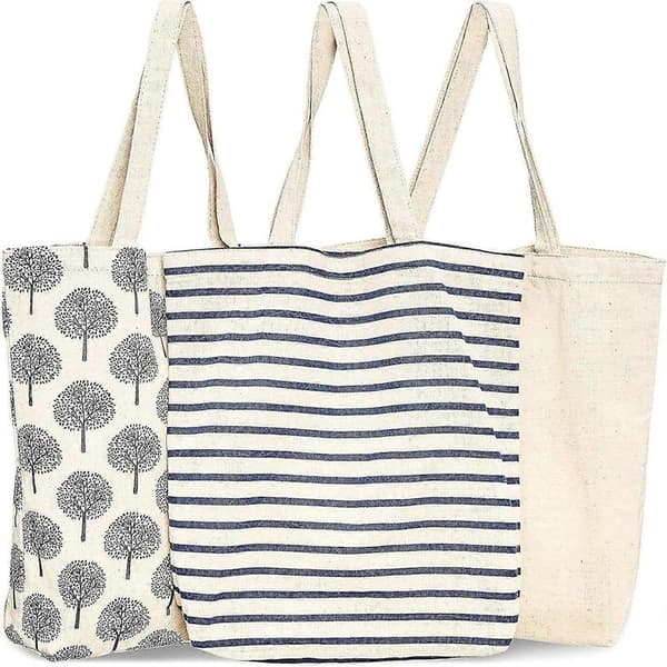 3-pack återanvändbara shoppingväskor i bomull, 3 designer, 38 x 42 x 9 cm