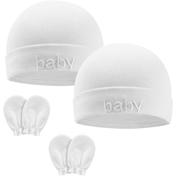 Babyhue, 2 stk højkvalitets bomuldsfødselshatte og beskyttelsesvanter, til baby 0-6 måneder babypige dreng