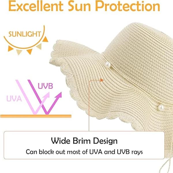 Beige stråhat til damer, sammenfoldelig solhat UV-beskyttelse, sommerstrand