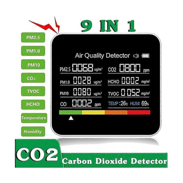 9-i-1 Luftkvalitetsmätare Koldioxiddetektor TVOC HCHO PM2.5 PM1.0 PM10 Temperatur Luftfuktighet