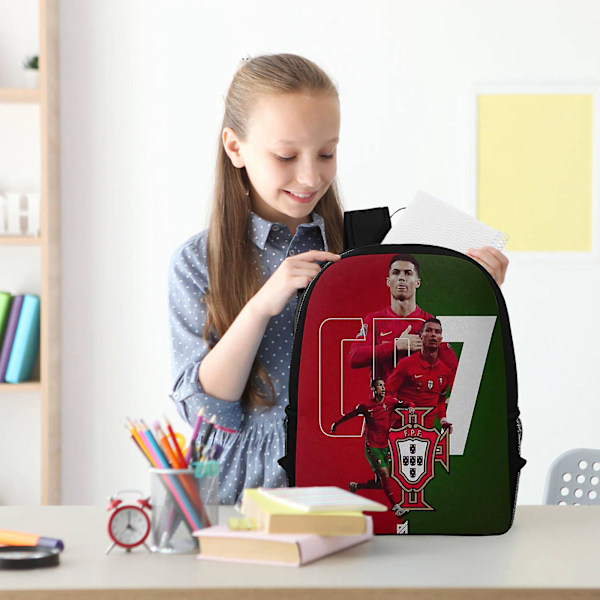 3PCS Cristiano Ronaldo Fotballstjerne CR7 Rød Ryggsekk med Lunsjpose Fotballstjerne Ryggsekksett Lett Skoleboksekksett 3-i-1 Veske for Gutt Jente Te