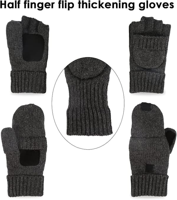 Vinter fingerlösa stickade handskar Ull Termiskt isolerade konvertibla vantar med lock för kvinnor och män (Mörkgrå)
