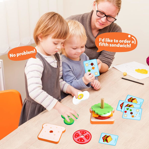 Puinen voileipälajittelu- ja pinoamislelu taaperoille Montessori-lelut 3-vuotiaille tilauskorteilla Koulutuslelut Esikoululelut Hienomotoriset lelut Sandwich