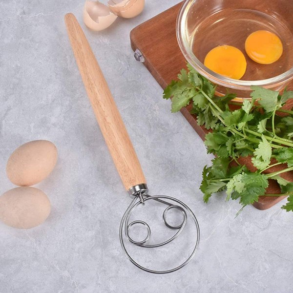 13 tommers visp, deigvisp med doble øyne i rustfritt stål, eggvisper med trehåndtak, tilbehør for deigblander for kjøkkenet
