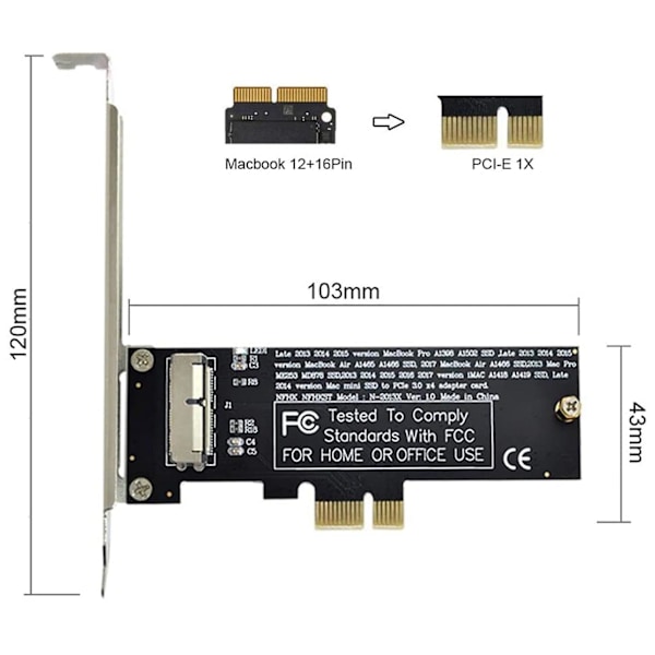 PCI Express Konverteringskort PCI-E 1X til 12+16 Pin til 2013-2017 Pro Air SSD Konverteringskort black