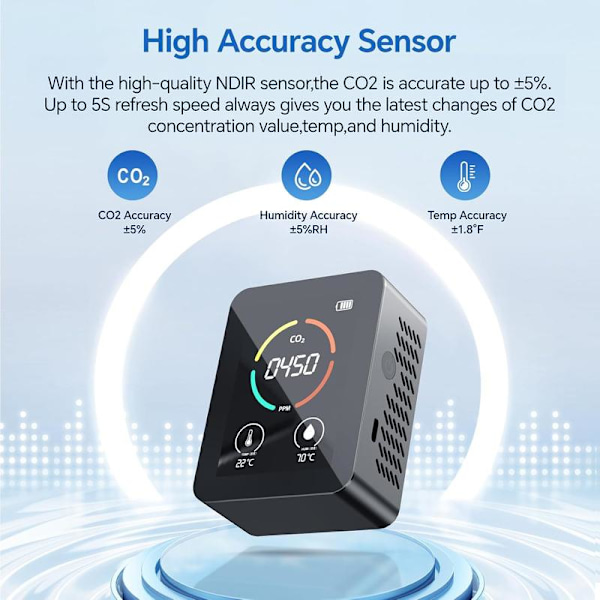 CO2-Måler Multifunktionel Termohygrometer Hjem Digital Luftdetektor Intelligent Luftkvalitetsmonitor, Sort
