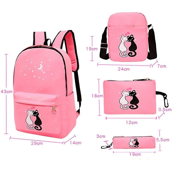 4 stk. Star Cat Prints Canvas Casual Daypack til piger Bogtaske Skole Rygsæk Sæt med Crossbody Taske