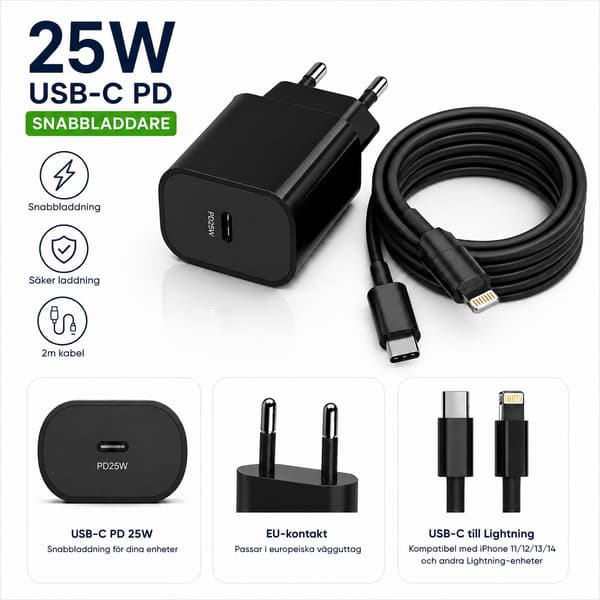 25W USB-C Fast Charger with 2m USB-C to Lightning Cable - Compatible with Apple iPhone 11/12/13/14 Svart black