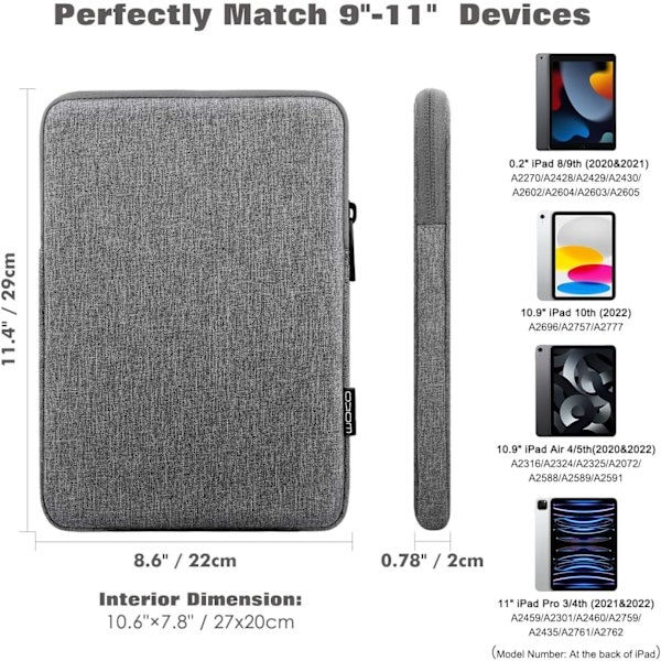 9-11 tums surfplattefodral passar nya 11 tums iPad Pro M4/iPad Air M2 2024, iPad Air 5/4/3 10,9 \"/10,5 \", iPad Pro Ljusgrå