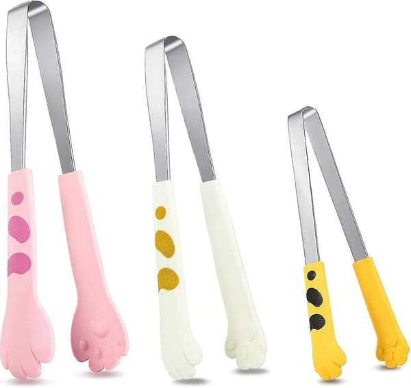 3-pack kattångar kattkloformade mattångar kökstångar stålsilikontångar