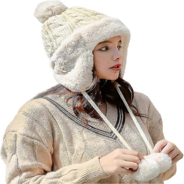 Dam Peruansk Öronlappsmössa Stickad Pom Vinter Snö Skidmössa Med Fleece Foder C